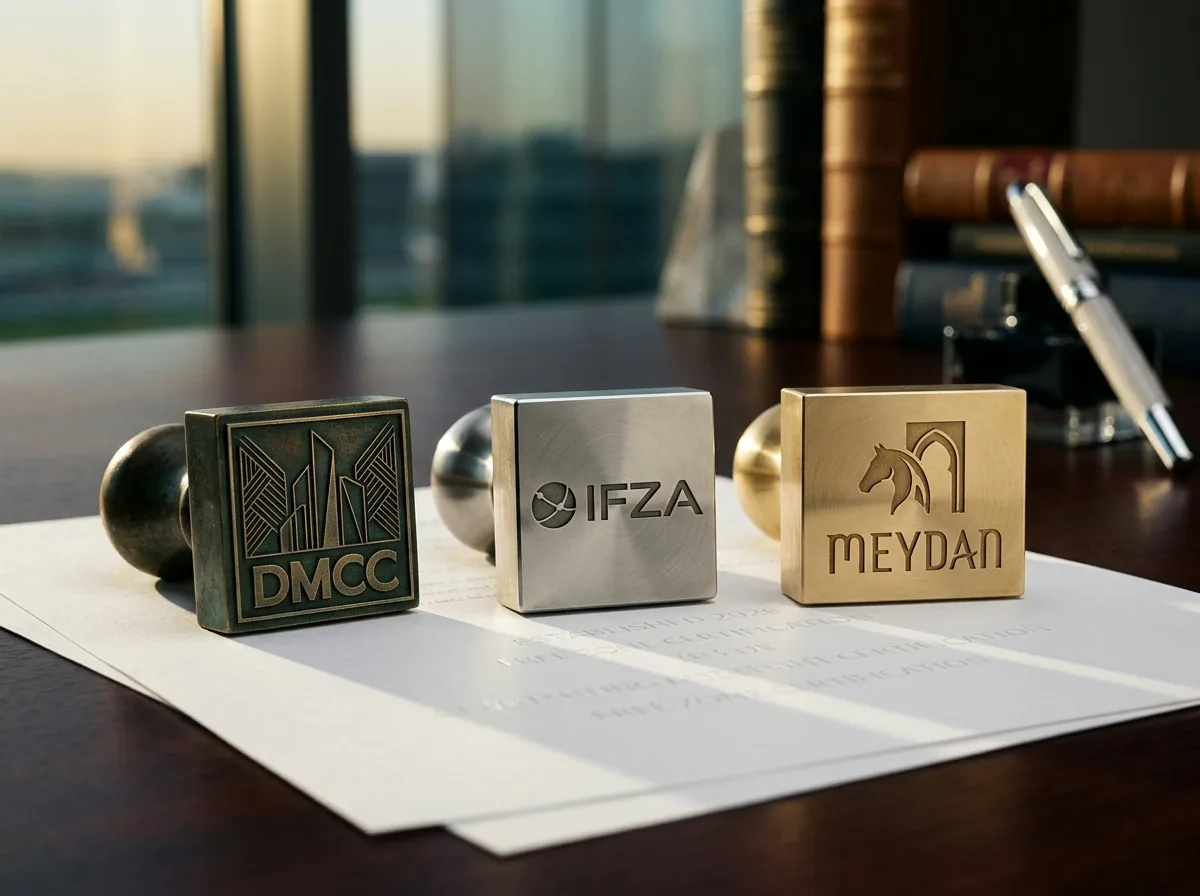 Drei gravierte Metallstempel in Bronze, Silber und Messing mit DMCC, IFZA und Meydan auf einer Urkunde